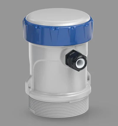 White cylindrical water filter cartridge with blue top cap and black valve connector