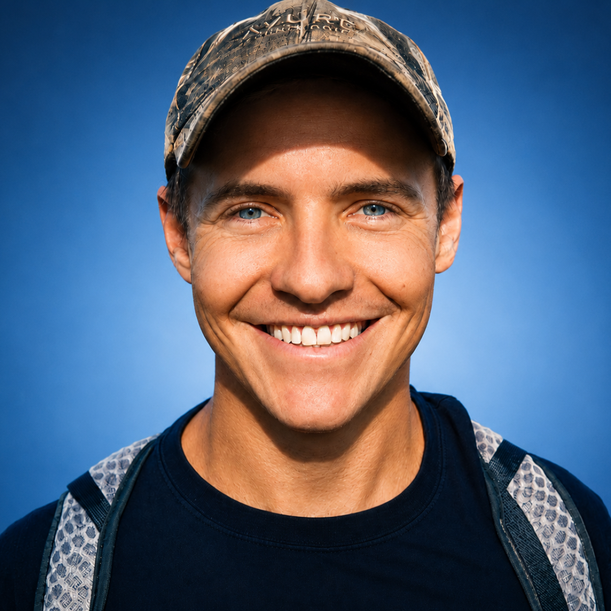 Smiling man wearing a distressed baseball cap and dark shirt against blue background