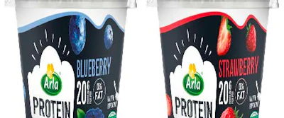 Arla Protein yogurt cups in blueberry and strawberry flavors with 20g protein per serving