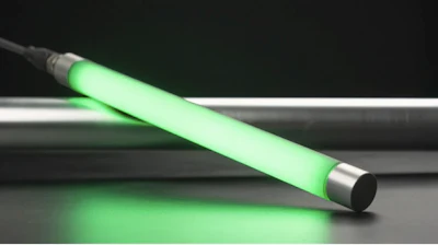 Glowing neon green LED tube with metallic silver end caps on dark surface