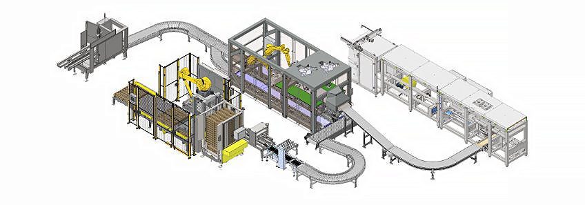 Isometric view of automated industrial production line with robotic arms, conveyor systems, and processing stations