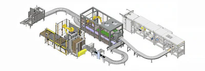 Isometric view of automated industrial production line with robotic arms, conveyor systems, and processing stations