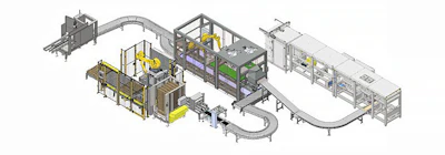 Isometric view of automated industrial production line with robotic arms, conveyor systems, and processing stations
