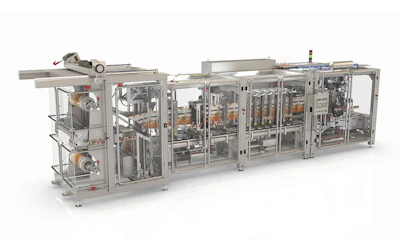 Industrial packaging machine system with modular sections, transparent panels, and integrated conveyor components for automated production