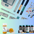 Medical and pharmaceutical products including blood glucose monitor, insulin pens, syringes, prescription bottles, and vitamin supplements arranged on gradient background