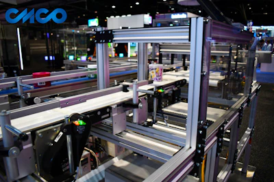 Industrial manufacturing facility with automated assembly machinery, conveyor systems, and production equipment under bright overhead lighting