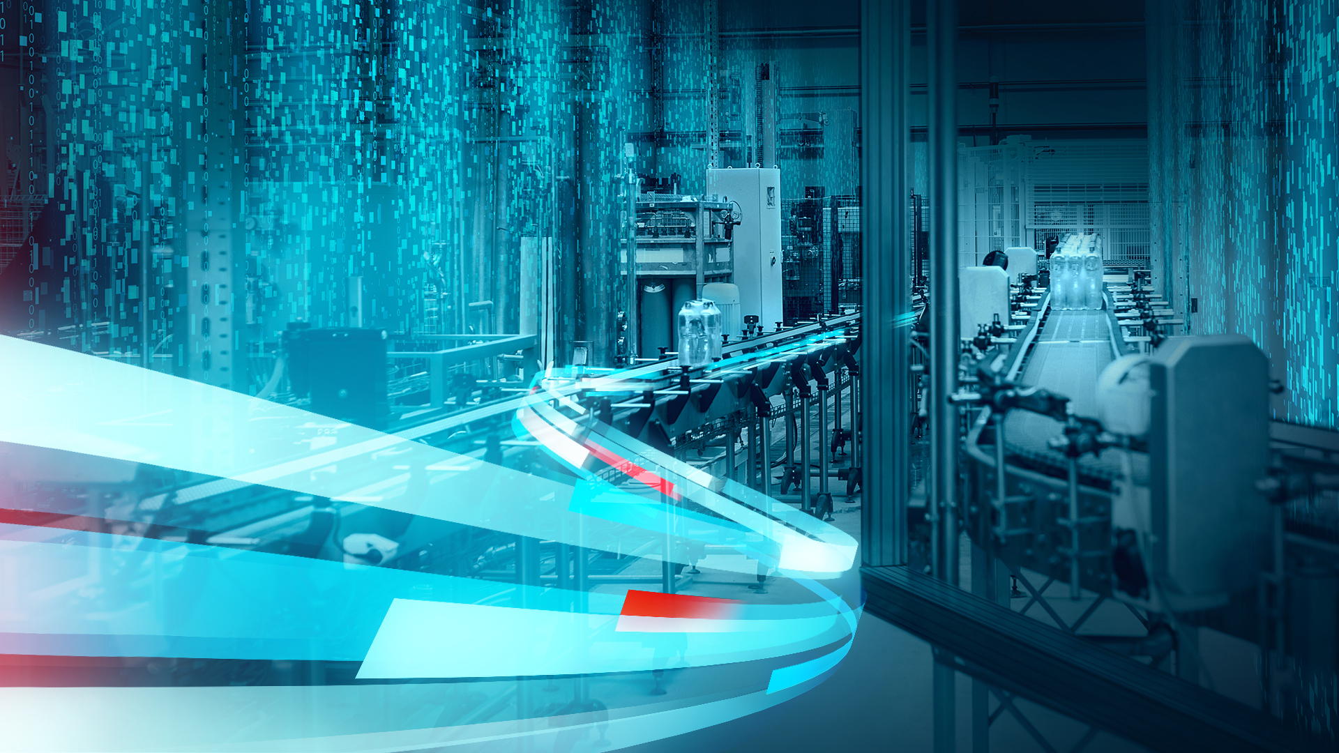 Digital data center visualization with flowing cyan ribbons and server infrastructure in blue tones