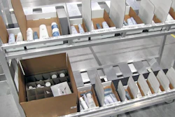 Cases and cartons are selected by the dimensioning system and staged with barcode-labeled positions before picking begins, removing the packer’s discretion over box size.