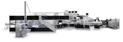 Industrial production line system with conveyor belts, control panels, and processing equipment modules