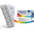 Talcid antacid medication blister pack and product box with rainbow gradient design