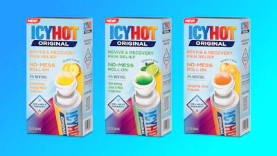 Three fragrances — Revitalizing Tropical Rush, Refreshing Lime & Mint, and Energizing Citrus — were developed to work alongside Icy Hot's menthol rather than mask it, addressing what Opella describes as consumer sensitivity to smelling like a medicine cabinet.