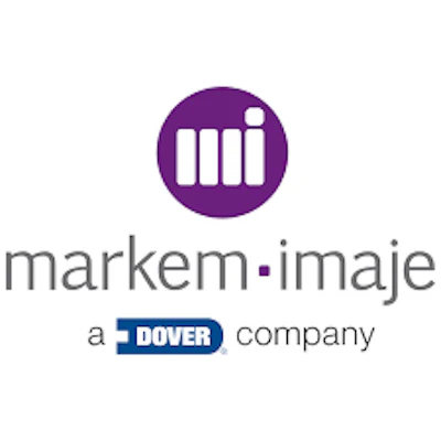 Markem-Imaje logo featuring purple circle with white bars and company name, a Dover company