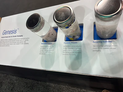 Genesis packaging process display showing three stages: washable, floatable, and recycling outcome with sample containers on blue bases
