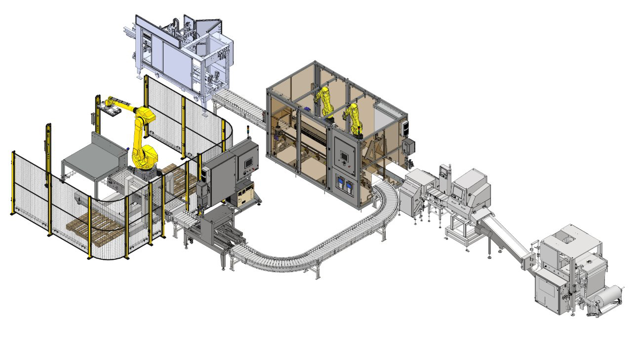 Industrial manufacturing assembly line with robotic arms, conveyor system, and processing equipment in 3D isometric view