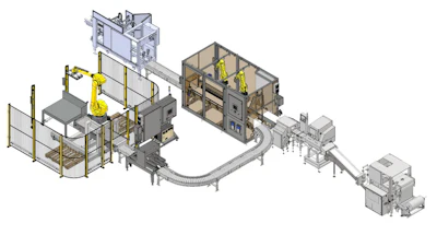 Industrial manufacturing assembly line with robotic arms, conveyor system, and processing equipment in 3D isometric view