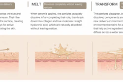 Three-stage skincare delivery system showing particles opening temporary pathways, melting into skin, and transforming into active ingredients.