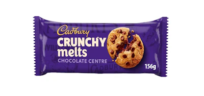 Cadbury Crunchy Melts chocolate centre bar 156g in purple packaging with cookie image