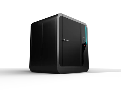 Black desktop computer case with gray accents and cyan LED lighting on white background