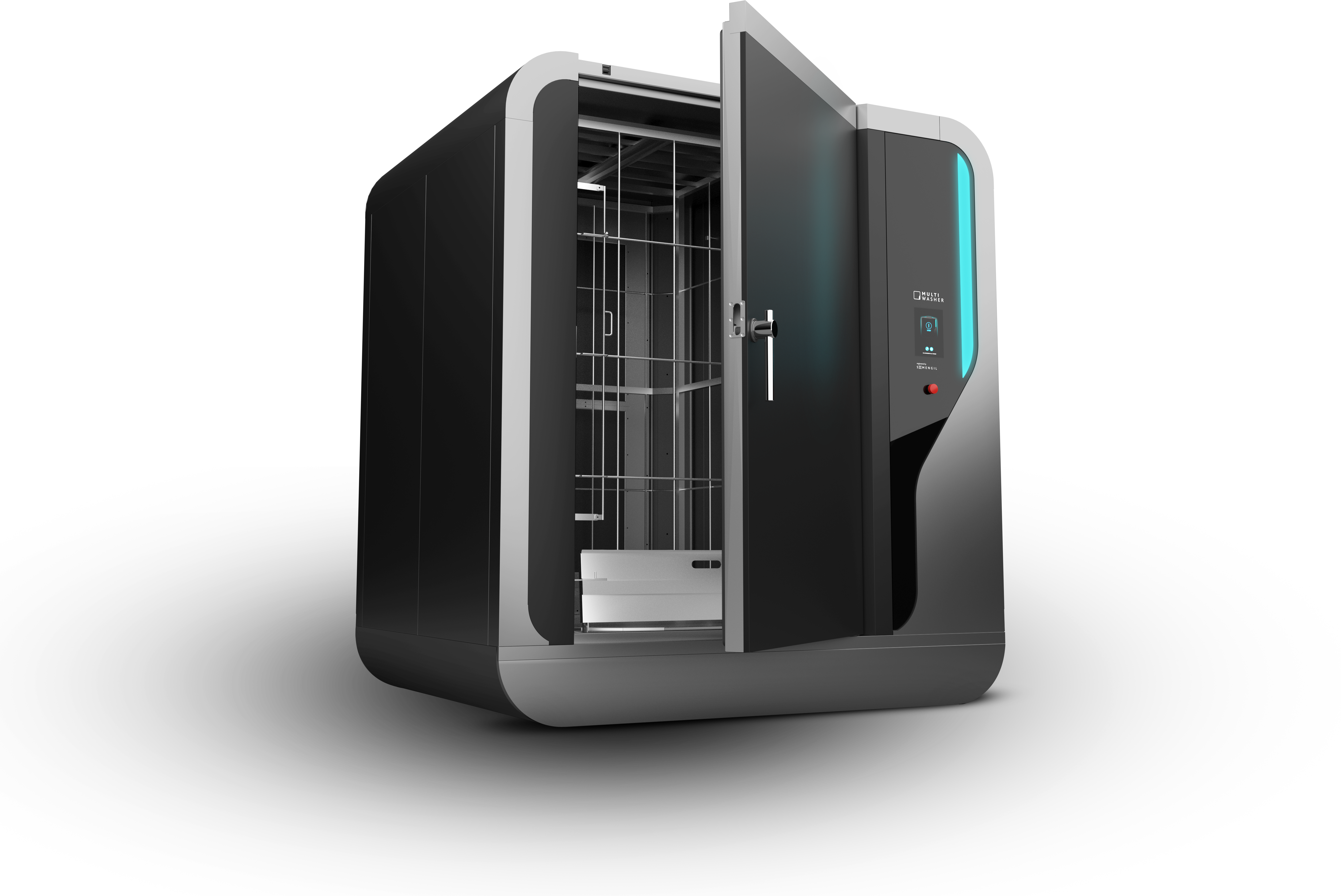 Desktop 3D printer with black chassis, open door revealing build chamber, and illuminated control panel with blue accent lighting