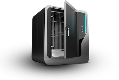 Desktop 3D printer with black chassis, open door revealing build chamber, and illuminated control panel with blue accent lighting