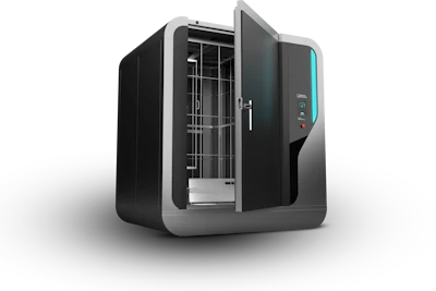 Desktop 3D printer with black chassis, open door revealing build chamber, and illuminated control panel with blue accent lighting
