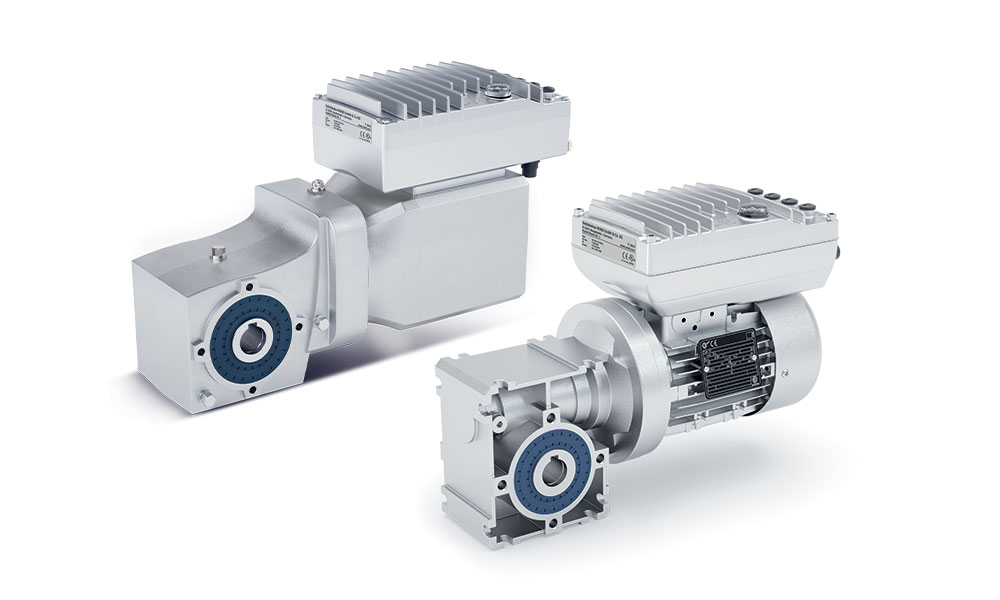 Industrial electric motors with gearbox units featuring white housings and dark blue circular emblems