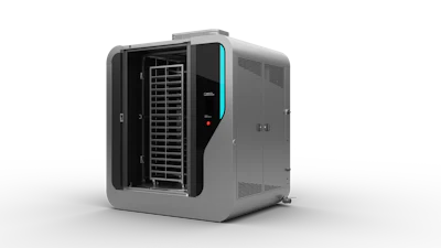 Gray server enclosure with open door revealing internal rack-mounted components and cyan accent stripe