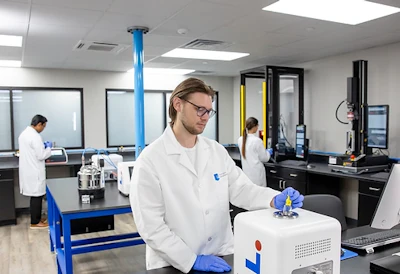 Scientist in white lab coat working with 3D printer equipment in modern laboratory facility