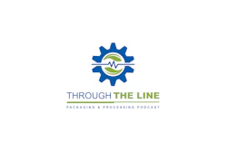 Through The Line Packaging & Processing Podcast logo featuring blue gear with green leaf and heartbeat symbol