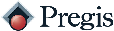 Pregis logo featuring a red sphere inside a gray diamond with navy blue center and serif wordmark