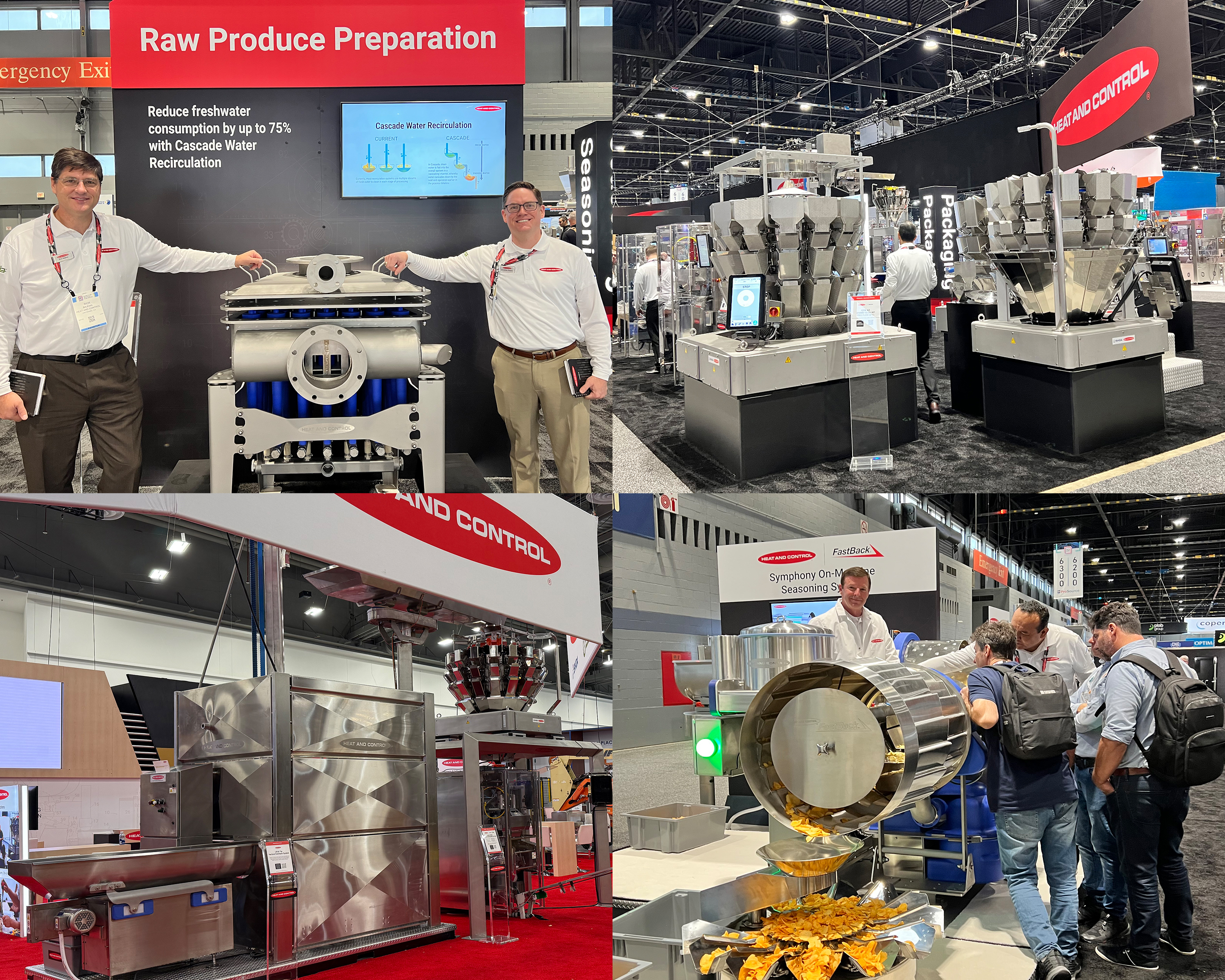 Industrial food processing equipment displayed at trade show booth with operators demonstrating raw produce preparation machinery