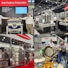 Industrial food processing equipment displayed at trade show booth with operators demonstrating raw produce preparation machinery