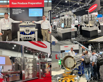 Industrial food processing equipment displayed at trade show booth with operators demonstrating raw produce preparation machinery