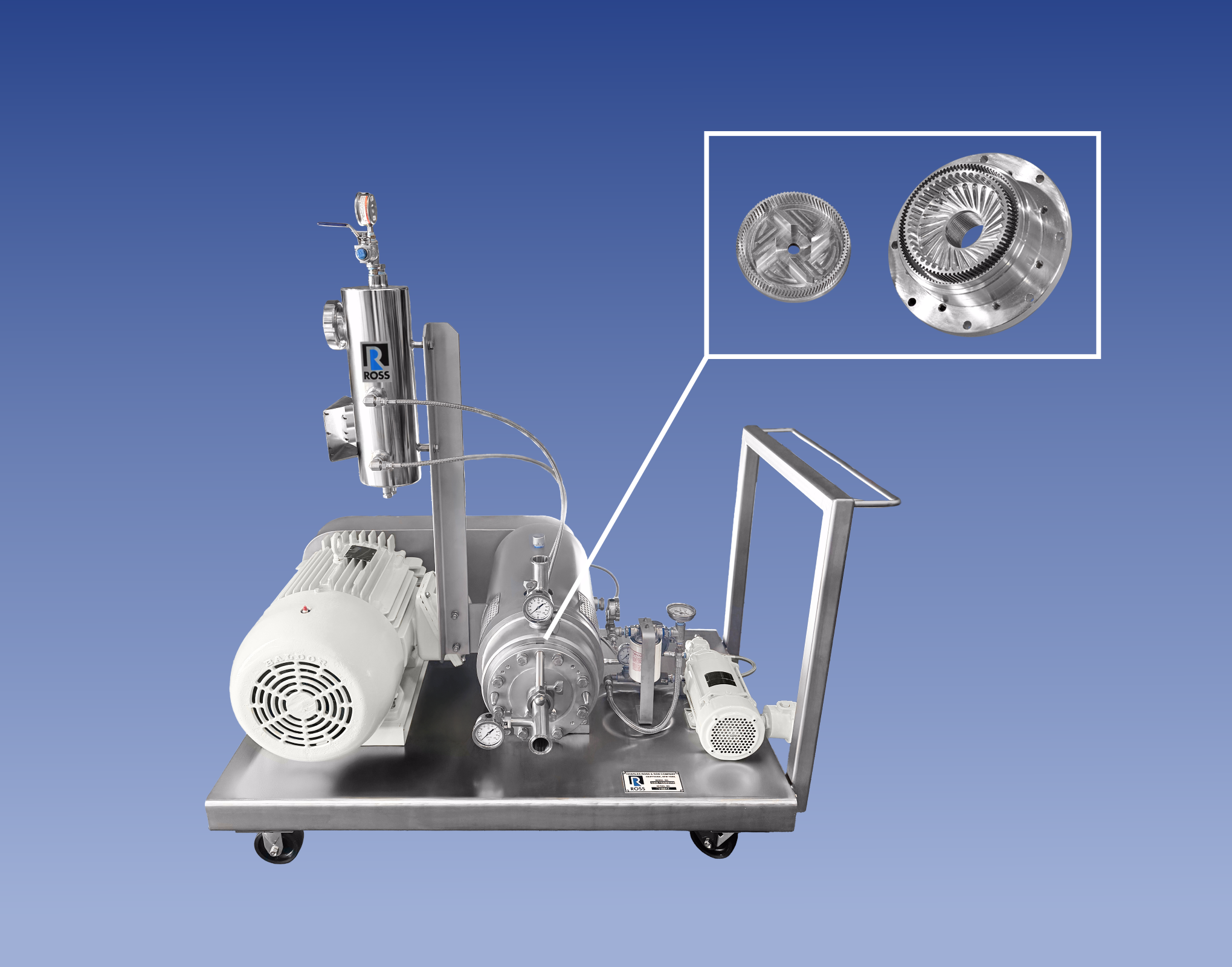 Industrial vacuum pump system with motor and compressor mounted on wheeled cart, featuring detailed mechanical components highlighted in inset diagram