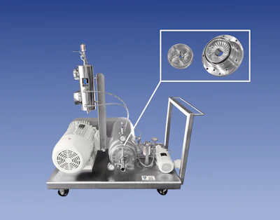 Industrial vacuum pump system with motor and compressor mounted on wheeled cart, featuring detailed mechanical components highlighted in inset diagram