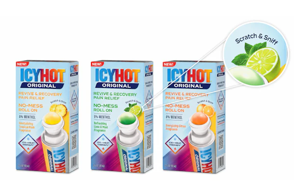 Each of the three Revive & Recovery cartons carries a scented spot varnish, cued by a small 'Scratch & Sniff' callout above the rollerball graphic.