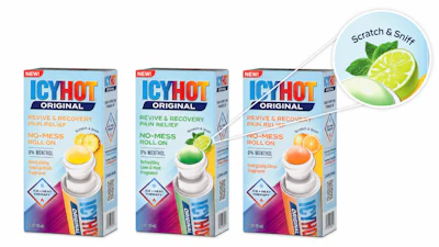 Each of the three Revive & Recovery cartons carries a scented spot varnish, cued by a small 'Scratch & Sniff' callout above the rollerball graphic.