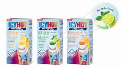 Each of the three Revive & Recovery cartons carries a scented spot varnish, cued by a small 'Scratch & Sniff' callout above the rollerball graphic.