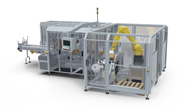Industrial automated packaging machine with yellow robotic arms and safety enclosure