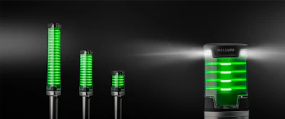 Balluff industrial tower light sensors with illuminated green indicator rings displayed in graduated sizes