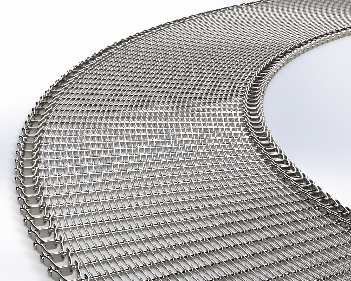 Curved metallic mesh or woven wire structure with detailed surface pattern against white background