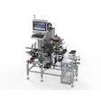 Industrial labeling machine with CRT monitor, mechanical components, and metal frame for product packaging automation
