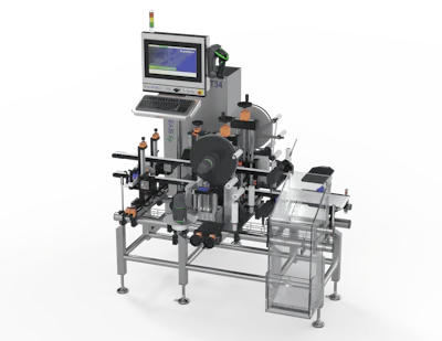 Industrial labeling machine with CRT monitor, mechanical components, and metal frame for product packaging automation