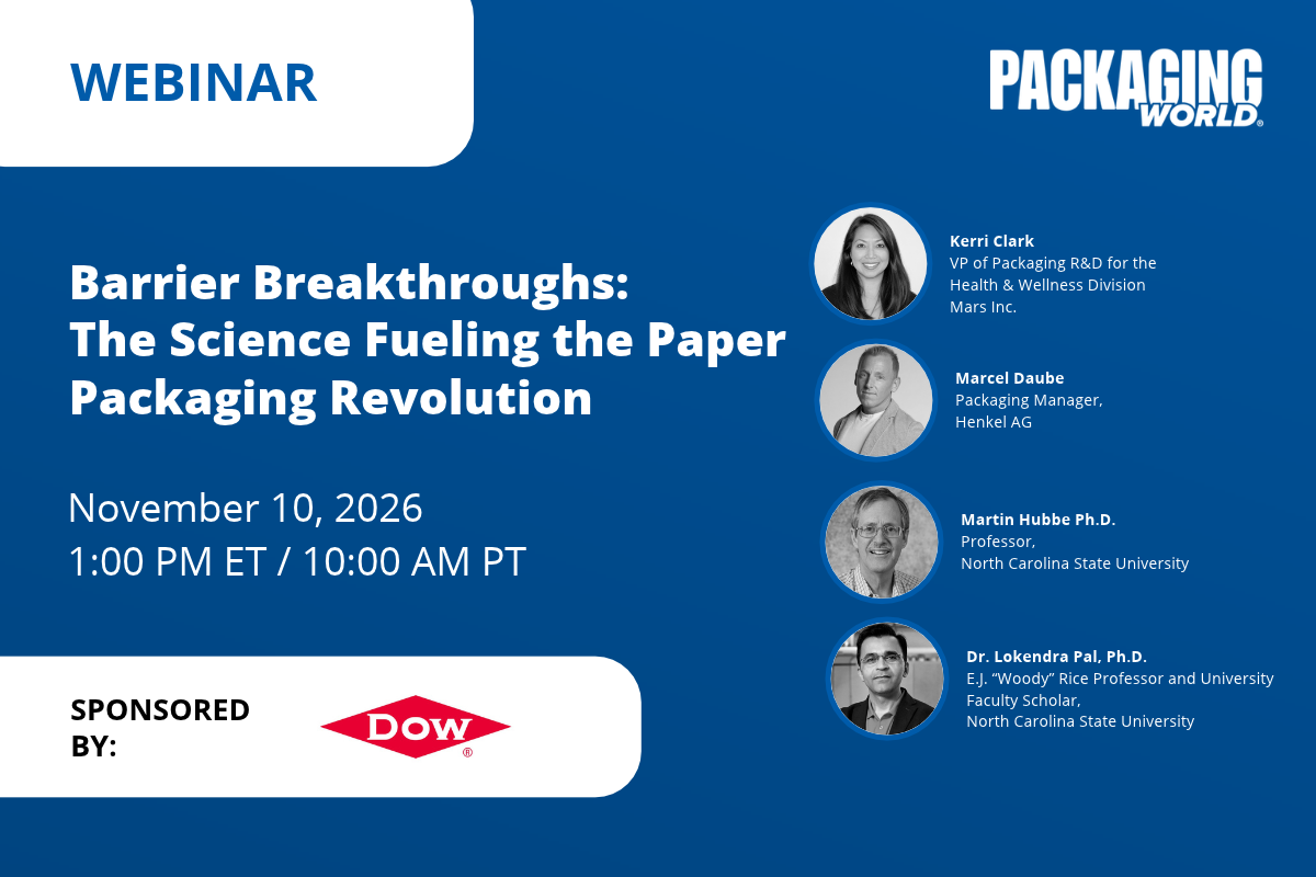 Dow logo sponsor badge for Packaging World webinar on barrier breakthroughs