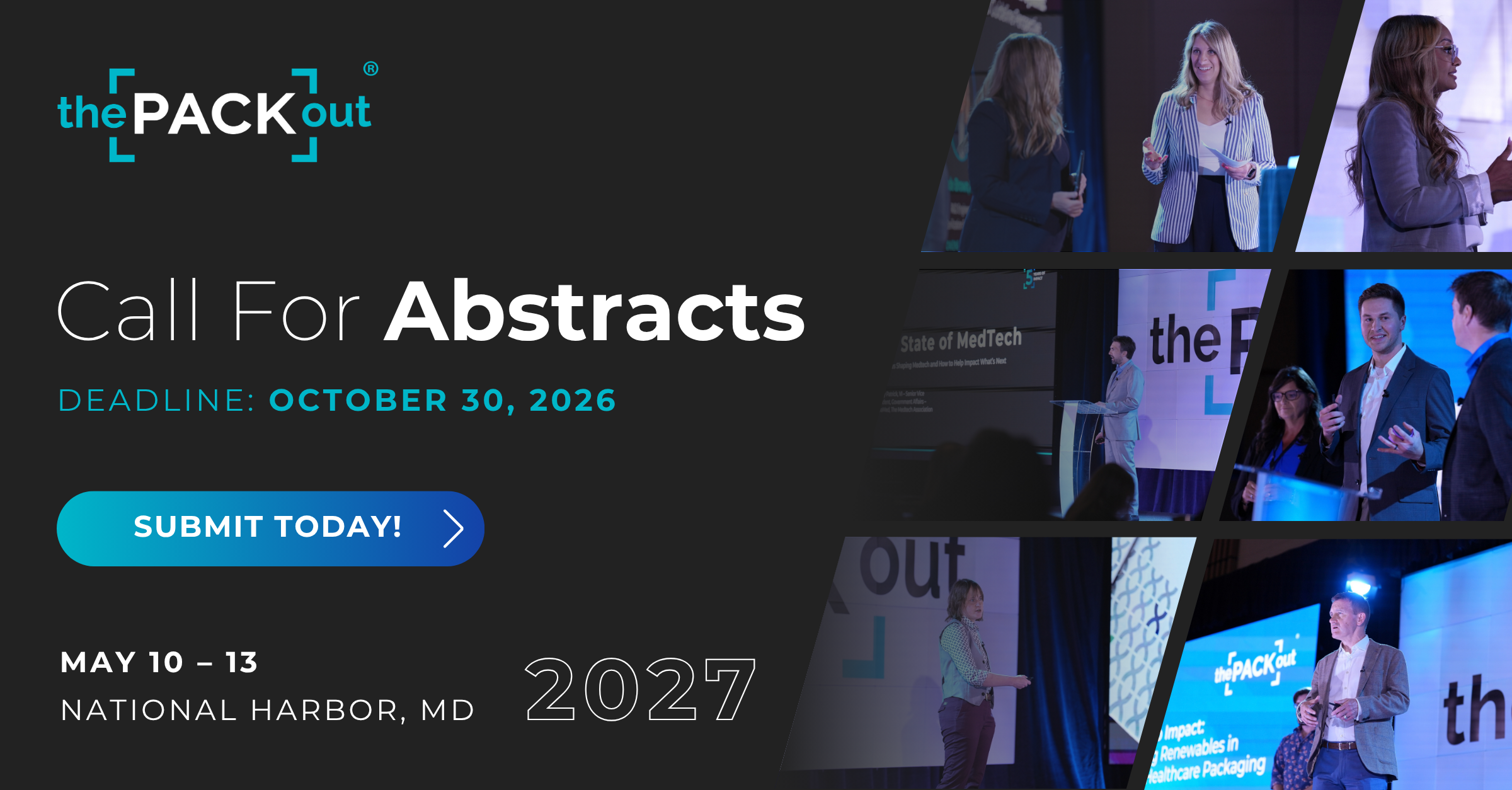 thePACKout logo with cyan brackets and Call For Abstracts event details for May 10-13, 2027 in National Harbor, MD