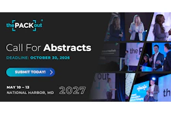 thePACKout logo with cyan brackets and Call For Abstracts event details for May 10-13, 2027 in National Harbor, MD