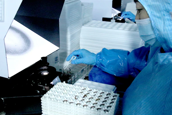 Laboratory technician in protective gear handling samples in a biosafety cabinet during scientific research