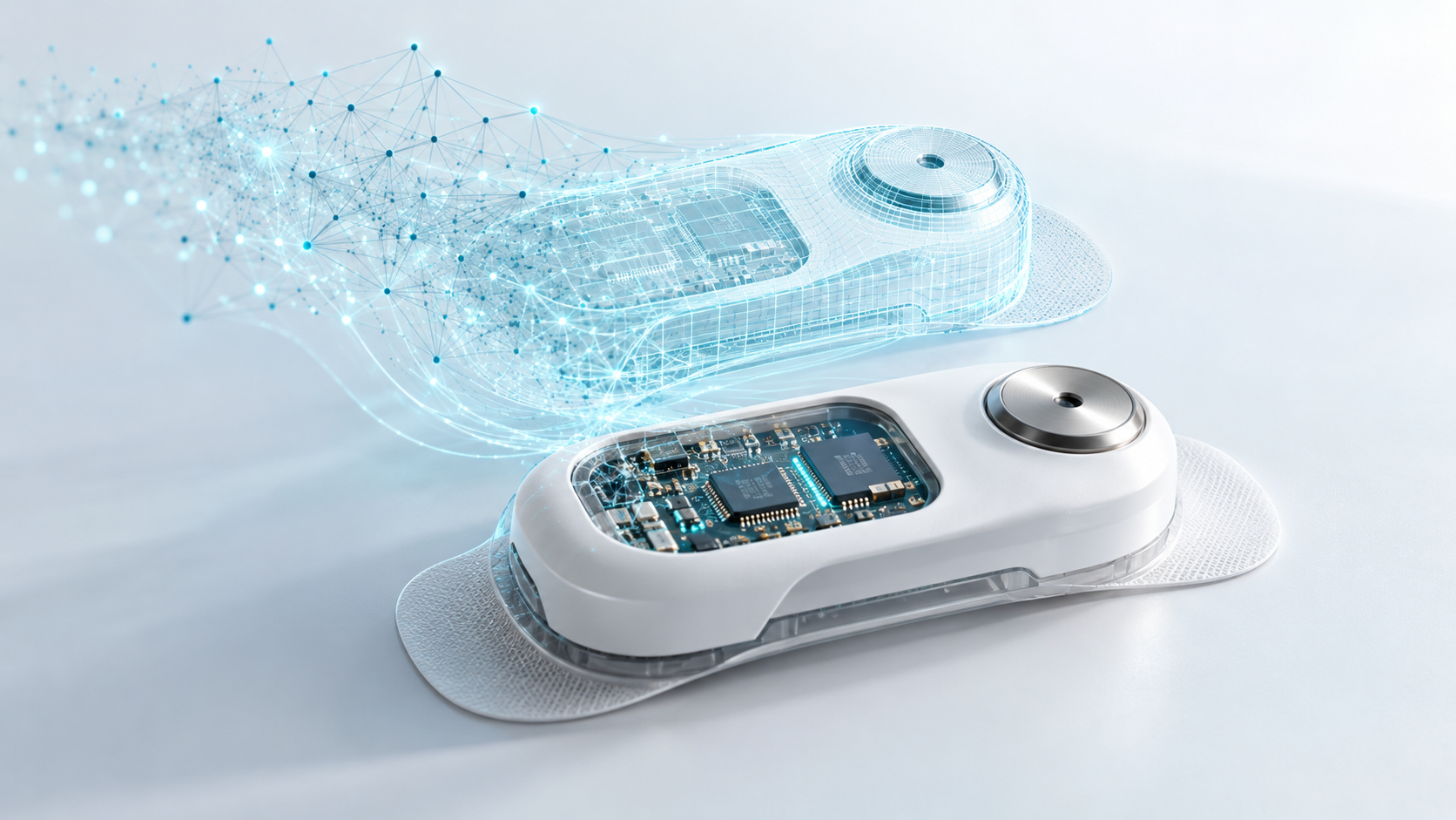 White handheld device with exposed circuit board and digital wireframe overlay showing internal technology architecture