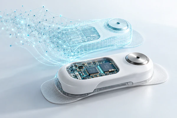 White handheld device with exposed circuit board and digital wireframe overlay showing internal technology architecture