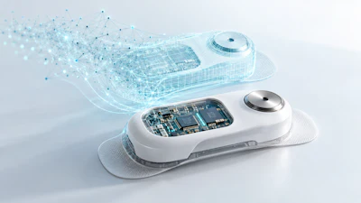 White handheld device with exposed circuit board and digital wireframe overlay showing internal technology architecture